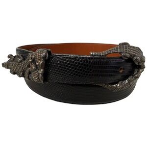 Alexander Kalifano Black Genuine Lizard Belt Sterling Silver Crocodile Buckle